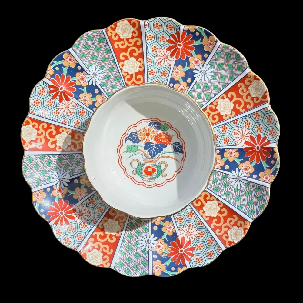 Arita IMARI FAN Fine Porcelain Chip & Dip Set | 12” Platter + Bowl